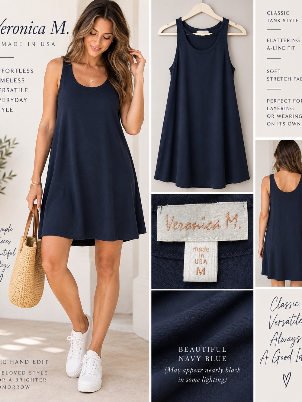 Veronica M Navy Blue A-Line Swing Tank Dress Sleeveless Size M
